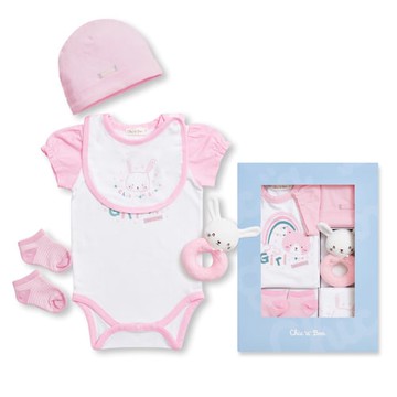 Chic a Bon 五福短袖兔裝/連身衣5件組禮盒 (兔裝+帽子+圍兜+襪子+手搖鈴)