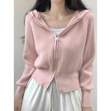 軟糯慵懶毛衣外套女小眾設計感連帽針織衫開衫短款長袖外搭上衣秋