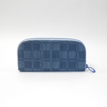 手織布 長夾18-淺灰藍x藏青格紋