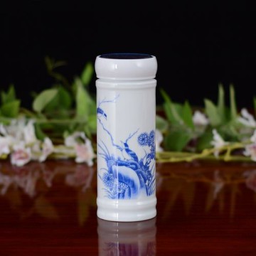 養生杯保溫杯景德鎮陶瓷雙層辦公杯隨身杯秋趣圖