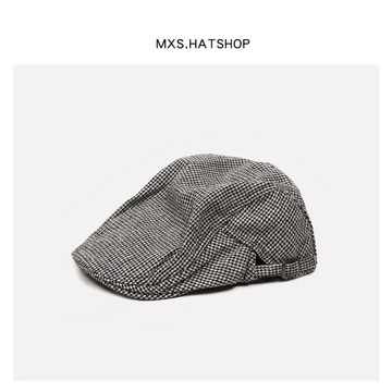 韓國設計款vintage古著前進帽子女英倫復古千鳥格貝雷帽男鴨嘴帽