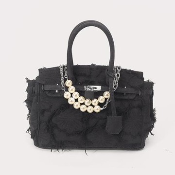 【Sp house】個性抓皺時尚牛仔帆布柏金風手提肩背包(2色可選)