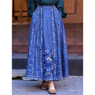 2025春季新款新國風復古刺繡牛仔大擺半身裙氣質顯瘦民族風馬面裙