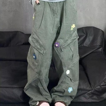 美式復古多口袋牛仔褲直筒工裝褲男美式寬鬆刺繡傘兵褲男