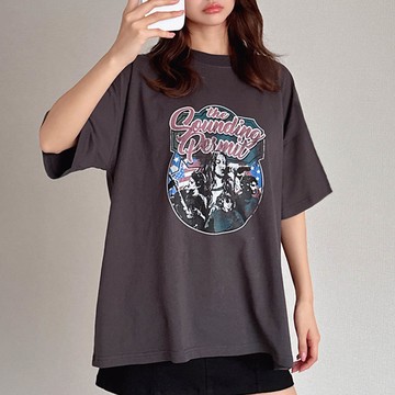 日本 GRL - 復古搖滾印花寬版短袖T恤-炭灰 (F)