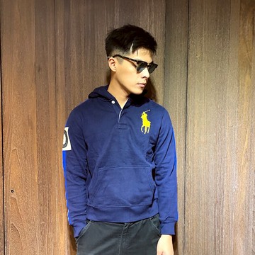 美國百分百【全新真品】Ralph Lauren RL 連帽T恤 帽T 長袖 大馬 臂章 POLO 深藍 XS號 B791