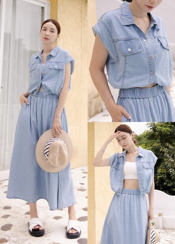 淺藍牛仔背心+長裙套裝