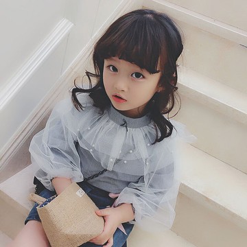 中小童春秋季新款條紋蓬蓬袖上衣+牛仔裙兩件套女休閑裙套裝1入