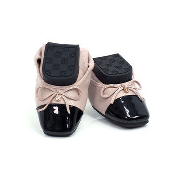 viina芳達4· 小香風真皮拼接菱格紋方頭摺疊平底娃娃鞋-粉(版型偏小1碼)