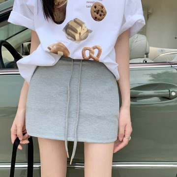 胖胖美依 半身裙 休閒裙 M-2XL夏季休閒褲裙抽繩短裙少女運動感高腰百搭修身包臀A字半身裙-6164.
