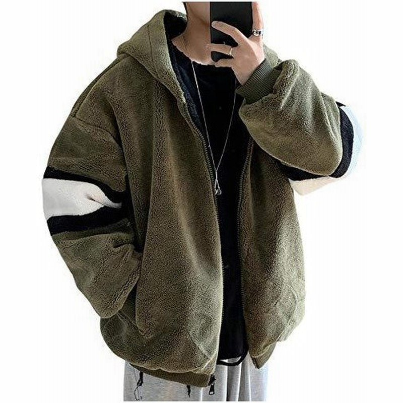 Pugrwei ボアジャケット メンズ ボアブルゾン フリースジャケット メンズコート フード付き バイカラー もこもこ 通販 Lineポイント最大get Lineショッピング