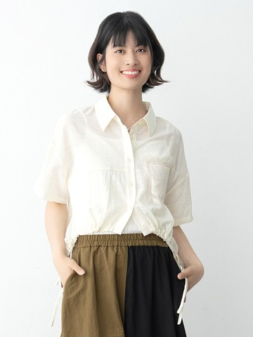 下擺抽縐網紗拼接開襟襯衫(0S000003900) - earth music&ecology