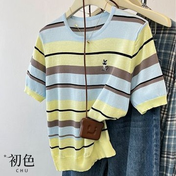 初色 韓版圓領小貓刺繡冰絲針織短袖T恤上衣女上衣-共2色-14836(F可選)