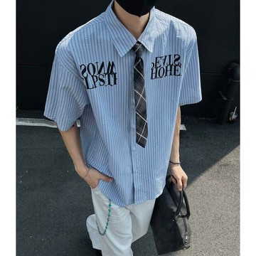 泡泡紗速幹領帶條紋短袖襯衫男夏季美式復古藝術生痞帥DK襯衣半袖