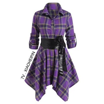 2025春新款設計感不規則復古紫色格子襯衫裙收腰顯瘦襯衣連衣裙秋
