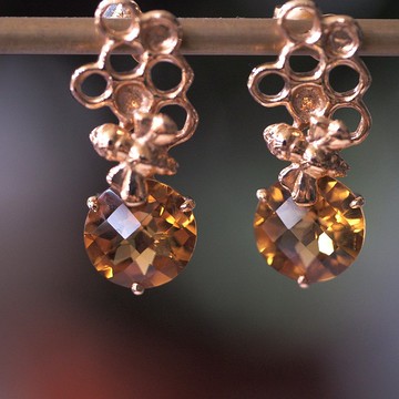 天然蜜糖色黃水晶 10K金 手工蜂巢耳環 Soild 10KYG Studearrings