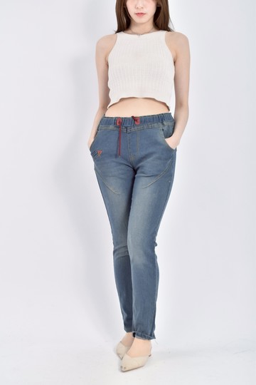 (XL) jeans丹寧牛仔質感鬆緊腰藍色長褲