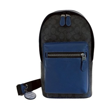 [平輸版] 【COACH】West Pack珠鍊皮標深碳黑C LOGO PVC拼接深藍素面皮革拉鍊胸掛包 真品平輸