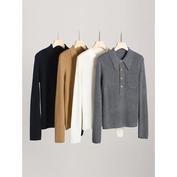 秋冬新款套頭半開POLO領羊毛針織打底衫女百搭純色羊絨針織打底衫
