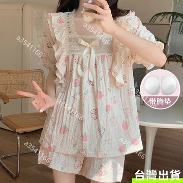 【帶胸墊】甜美少女印花睡衣 短袖短褲 兩件套 寬鬆舒適 休閒睡衣套裝 帶胸墊 可外穿家居服 女生睡衣 少女家居服套裝