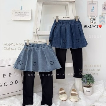 🌈✨mix1001 愛心秋冬色系單寧牛仔褲裙✨兒童百折愛心內搭褲裙 5-17