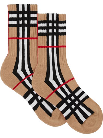 Burberry - check-intarsia socks - unisex - Cotton/Polyamide/Elastane - XL - Brown