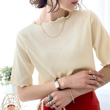 日本 Classical Elf - 氣質紋理木耳邊短袖上衣-米杏