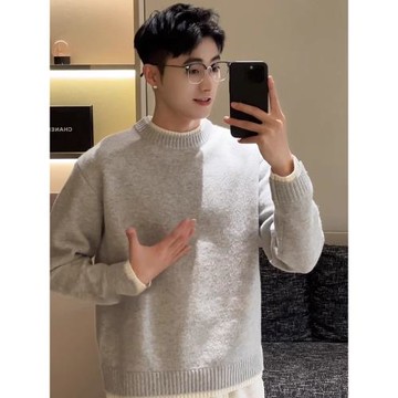 淺灰色美式圓領毛衣男冬季加絨內搭打底針織衫寬松慵懶風正肩外套