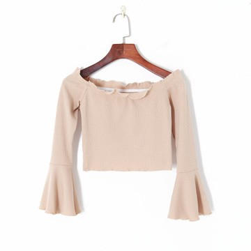 秋季女裝時尚韓版清新純色優雅一字肩喇叭袖顯瘦短款針織T恤