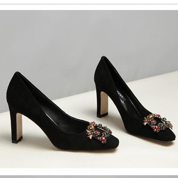 羊猄皮女鞋水鉆百搭淺口方頭粗跟高跟鞋2025秋時尚新款四季單鞋女