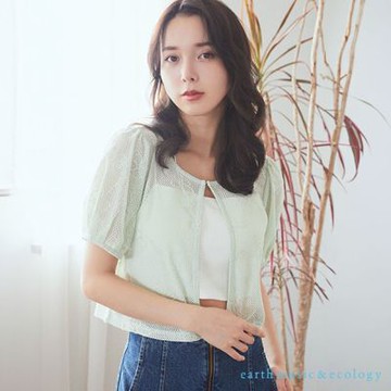 【earth music】鏤空鉤花刺繡泡泡袖開襟罩衫上衣