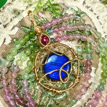 能量水晶項鍊-時雫-拉長石/紅石榴、水晶靈擺項鍊、藝術編織