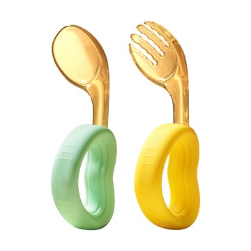 JoyNa - 兒童餐具 心形叉勺  寶寶餐具 兒童學習湯匙叉子-青湖藍+淺桔黃