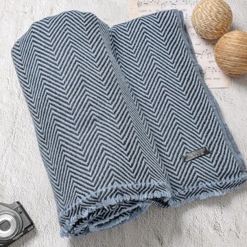 【毯子】喀什米爾羊毛大毯子/披肩 山形紋黑藍 柔軟保暖