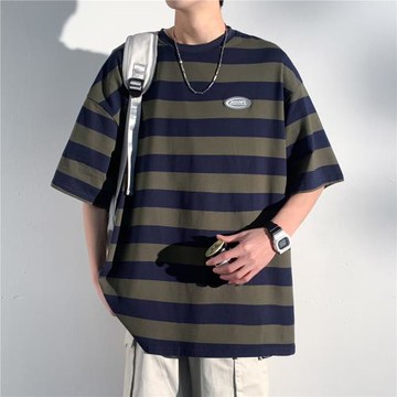 條紋圓領短袖t恤男美式復古高街潮牌潮流百搭夏季重磅五分袖體恤