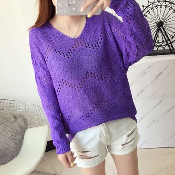 實拍氣質V領縷空長袖針織衫春裝薄款鏤空上衣(5色)-凱西娃娃