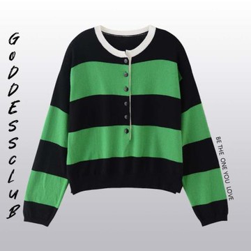 西班牙小眾CO~100%美麗諾羊毛綠黑條紋套頭針織衫寬松百搭毛衣女