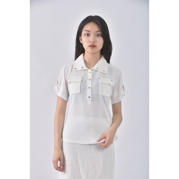 (S) 22 octobre質感棉質口袋白色短袖上衣二手衣