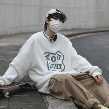 日系cityboy圓領衛衣男ins潮流簡約長袖打底衫春秋寬松休閑上衣服