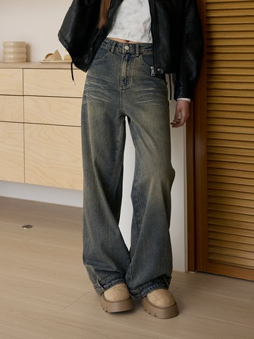 刷色水洗牛仔長褲