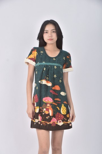 (S) 質感貓貓綠色洋裝