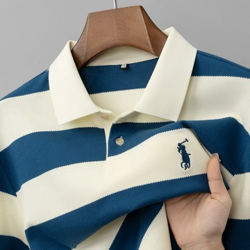 【新款熱賣】秋季新款刺繡保羅商務休閑男士POLO衫長袖翻領撞色條紋設計上衣男