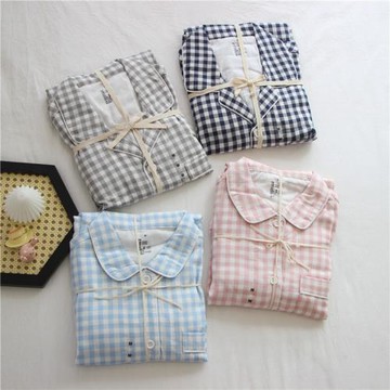 無側縫舒服 日系格子 溫柔百搭全棉紗布柔軟透氣男女長袖褲睡衣套