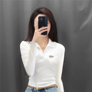 正肩v領翻領POLO衫長袖t恤女秋冬款無扣修身辣妹百搭小個子簡約