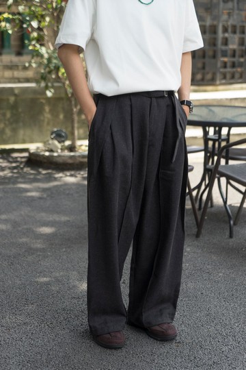 Pants 雙褶混紡面料闊腿直筒西褲 劍道褲日系復古松緊腰圍厚款