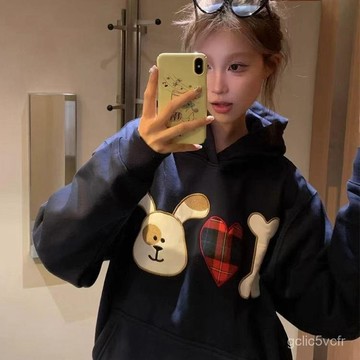 迴頭率超高！美式可愛小狗印花連帽衛衣女秋冬韓係慵懶風寬鬆帽衫 韓係ins 帽t 大學t 連帽女生衣服 衛衣女 加絨衛衣