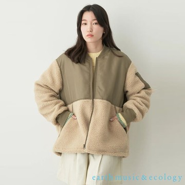 earth music  異素材拼接設計毛絨大衣外套