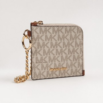 【Michael Kors】Jet Set Travel 經典滿版老花Logo 防刮皮革附鍊帶證件夾/零錢包(米白色)