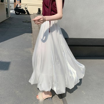 夏季韓係高腰半身裙 a字裙 顯瘦遮肉 白色緞麵花苞裙 半身裙女 夏季高腰垂感流光紗裙 大擺a字中長款裙子 FGLU