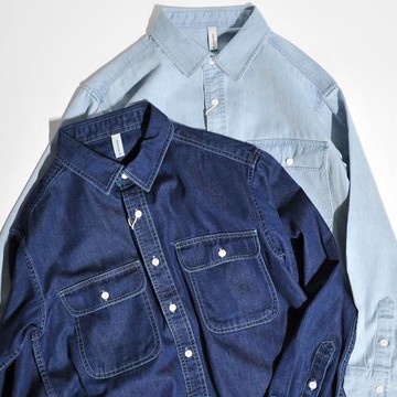 經典款美式復古工裝牛仔襯衫水洗淺藍多口袋休閑長袖襯衣寬松上衣